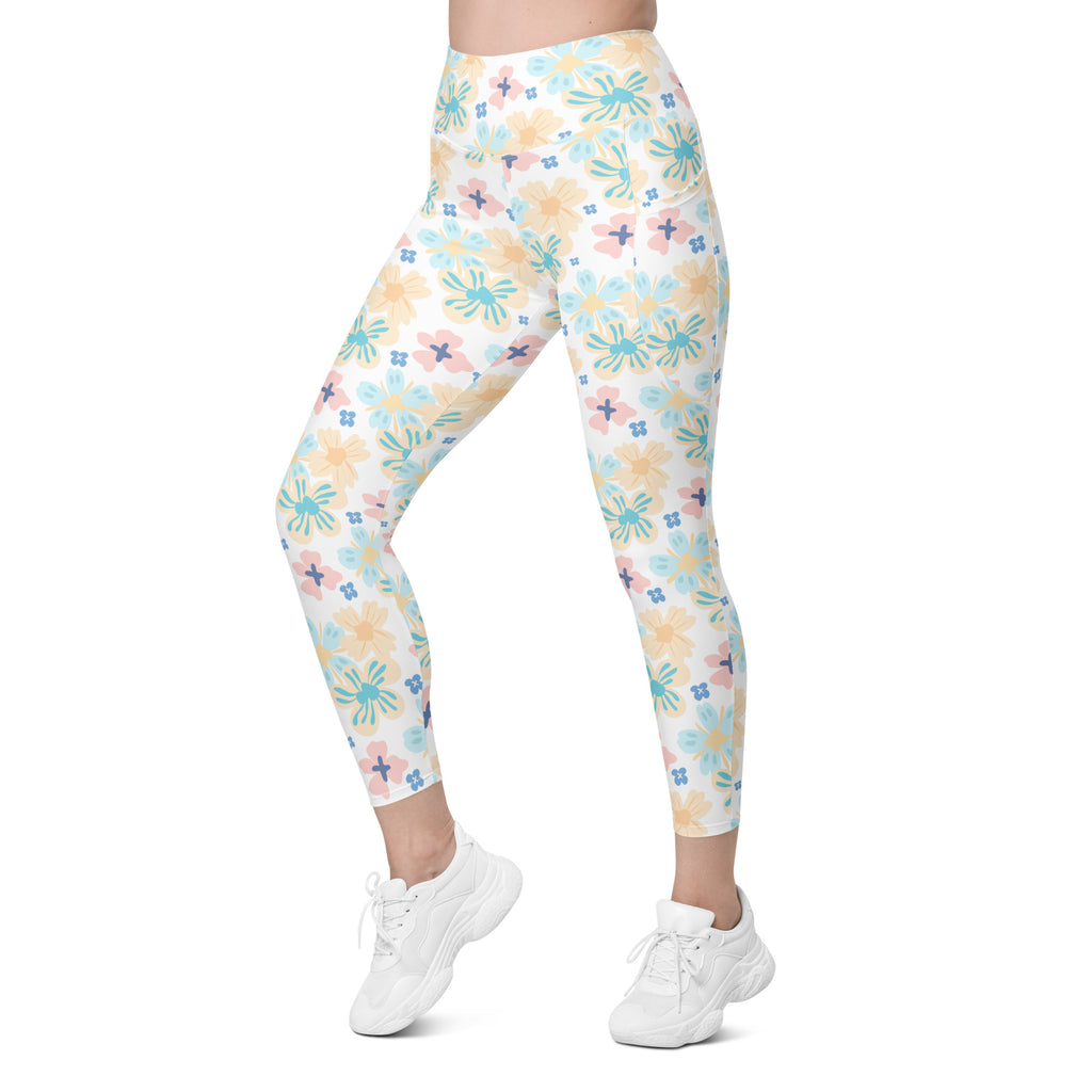 Women’s Tropical Pastel Floral Yoga Leggings With Pockets – High-Waisted, Soft Compression Active Pants