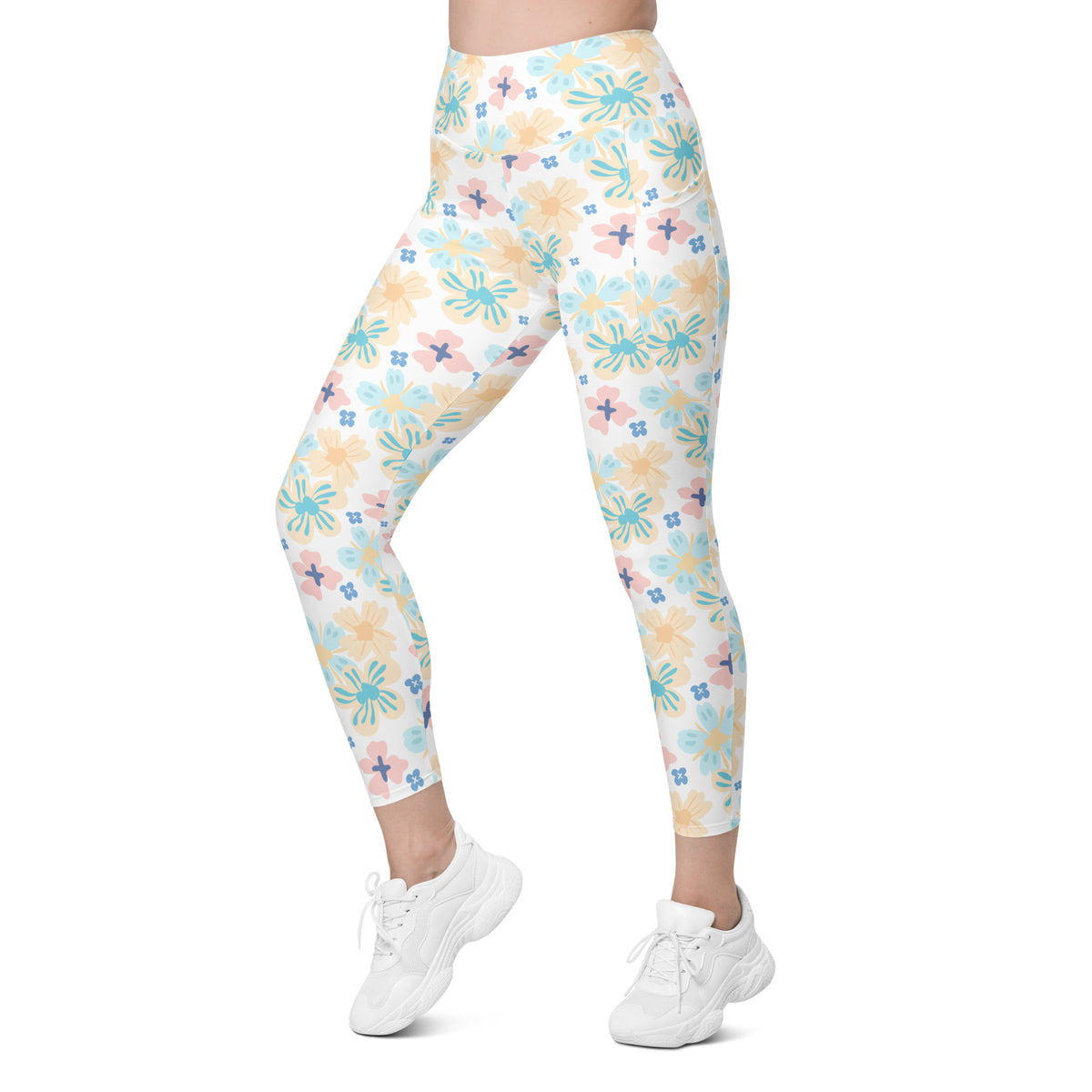Women’s Tropical Pastel Floral Yoga Leggings With Pockets – High-Waisted, Soft Compression Active Pants