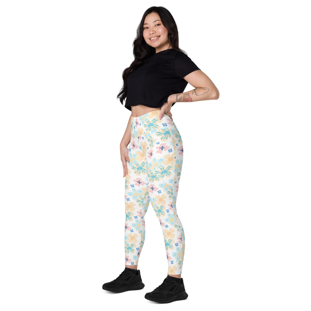 Women’s Tropical Pastel Floral Yoga Leggings With Pockets – High-Waisted, Soft Compression Active Pants