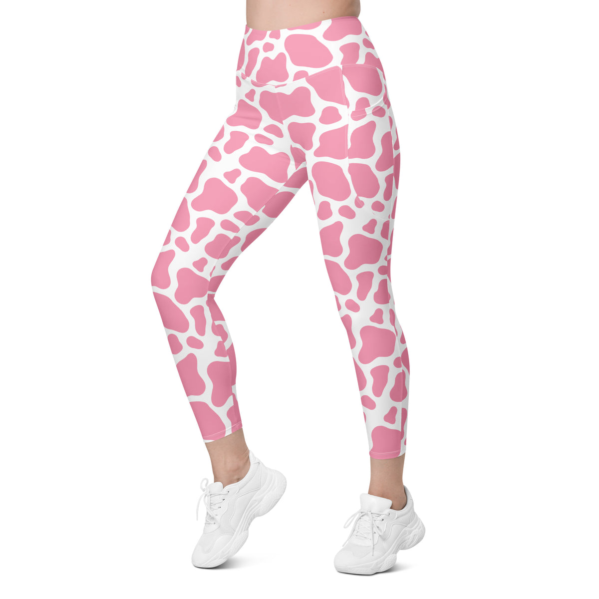 Women’s Pink Cow Print Yoga Leggings With Pockets – High-Waisted, Soft Compression Active Pants