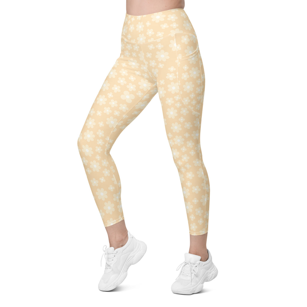 Women’s Light Yellow Daisy Yoga Leggings With Pockets – High-Waisted, Soft Compression Active Pants