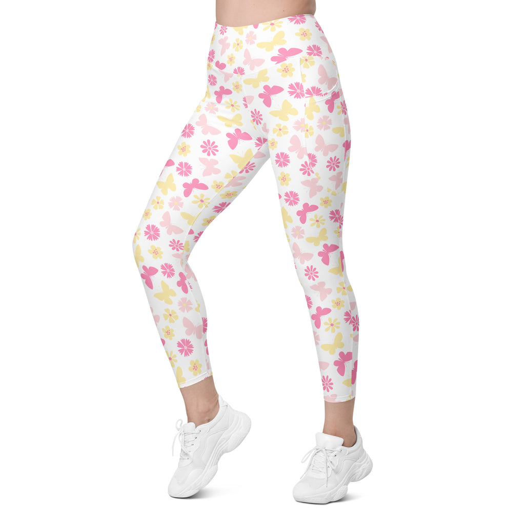Women’s Pink Butterfly & Flower Yoga Leggings With Pockets – High-Waisted, Soft Compression Active Pants