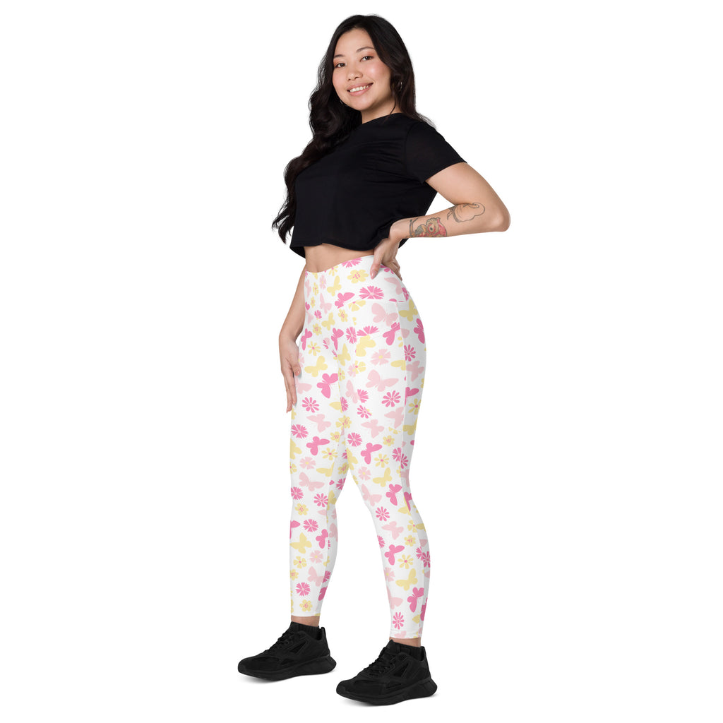 Women’s Pink Butterfly & Flower Yoga Leggings With Pockets – High-Waisted, Soft Compression Active Pants