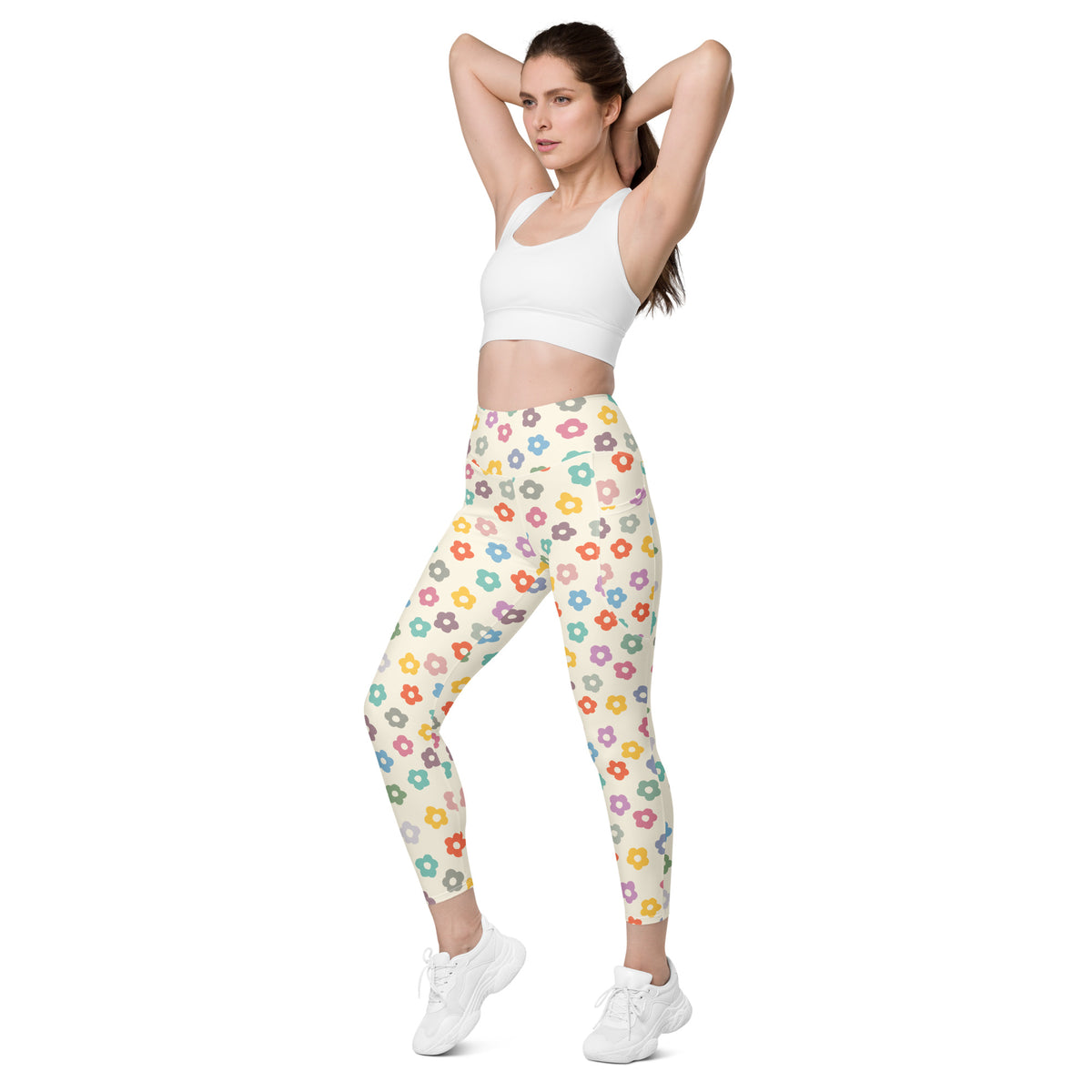 Women’s Colorful Retro Floral Yoga Leggings With Pockets – High-Waisted, Soft Compression Active Pants