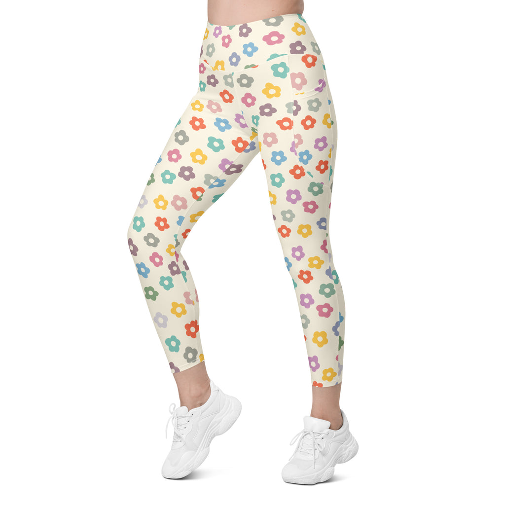 Women’s Colorful Retro Floral Yoga Leggings With Pockets – High-Waisted, Soft Compression Active Pants