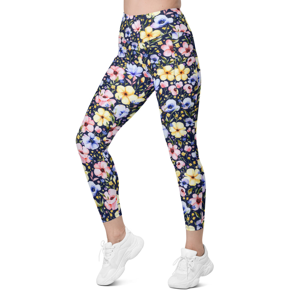 Women’s Watercolor Wildflower Yoga Leggings With Pockets – High-Waisted, Soft Compression Active Pants
