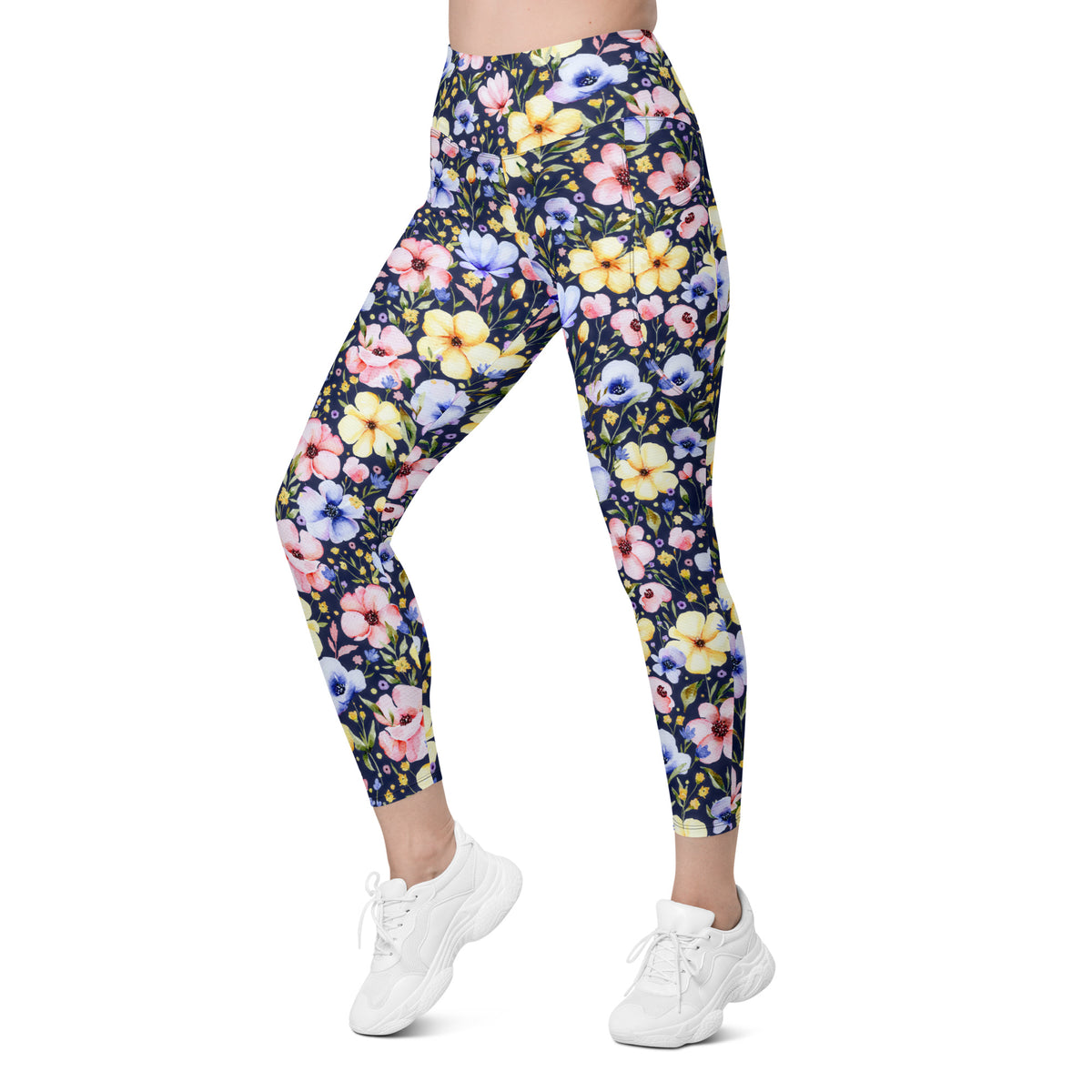 Women’s Watercolor Wildflower Yoga Leggings With Pockets – High-Waisted, Soft Compression Active Pants