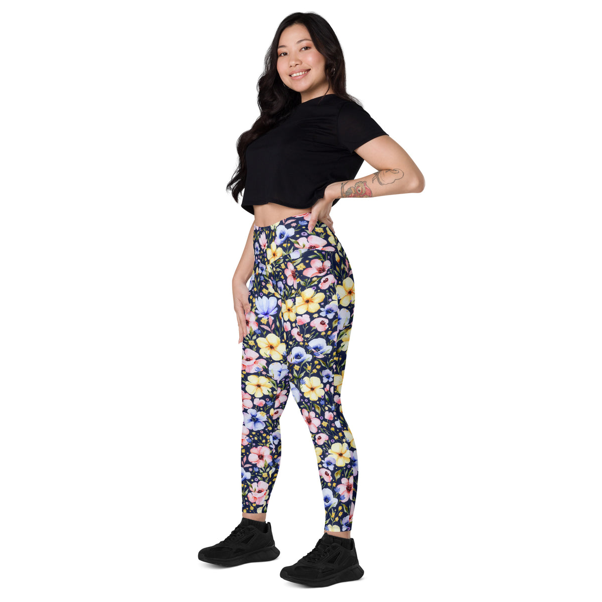 Women’s Watercolor Wildflower Yoga Leggings With Pockets – High-Waisted, Soft Compression Active Pants