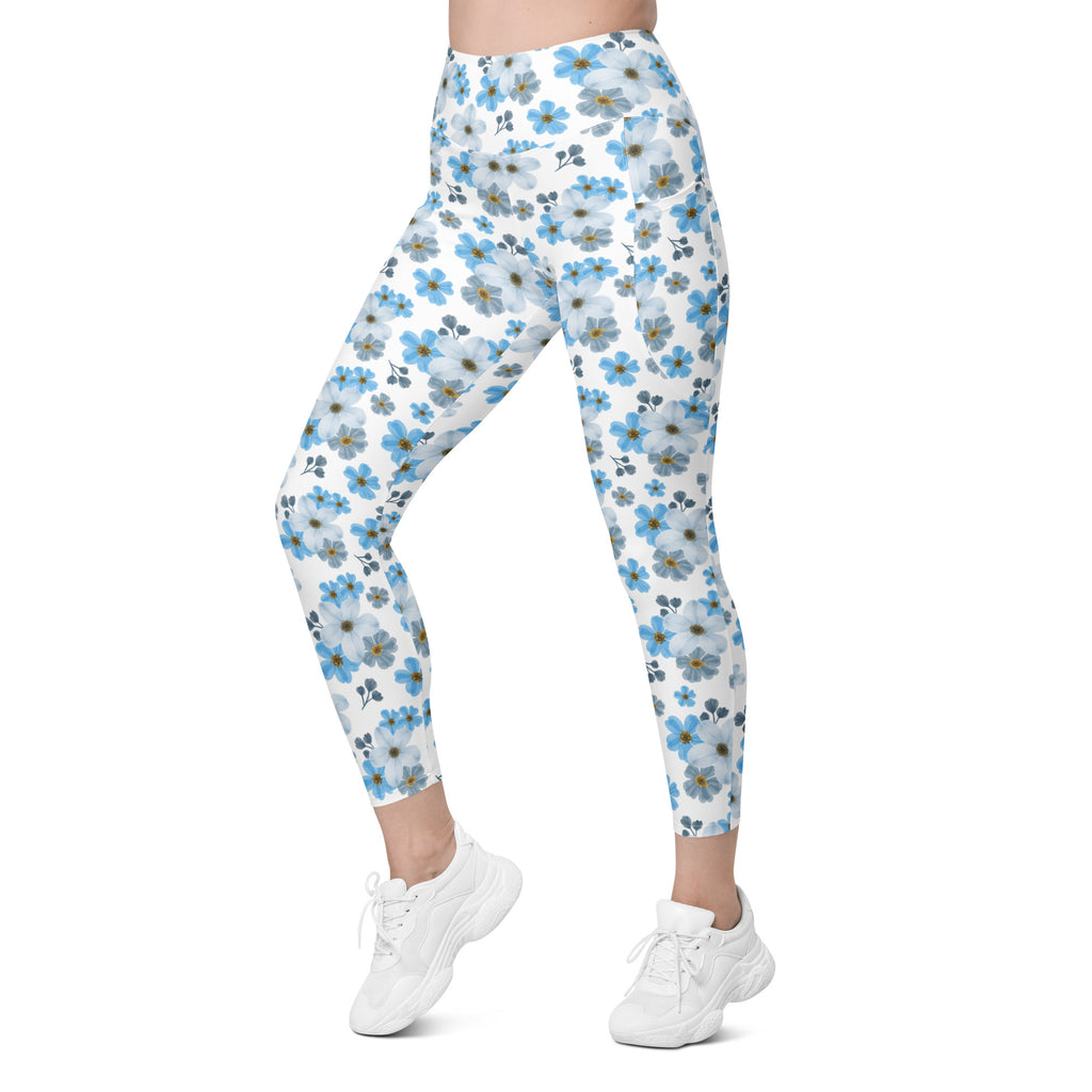 Women’s Blue Floral Yoga Leggings With Pockets – High-Waisted, Soft Compression Active Pants