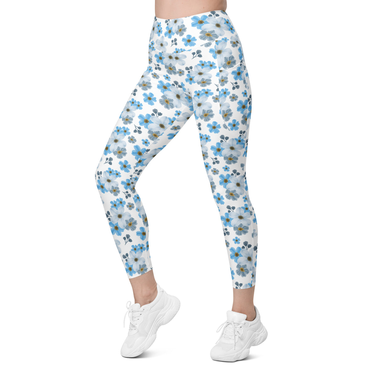 Women’s Blue Floral Yoga Leggings With Pockets – High-Waisted, Soft Compression Active Pants