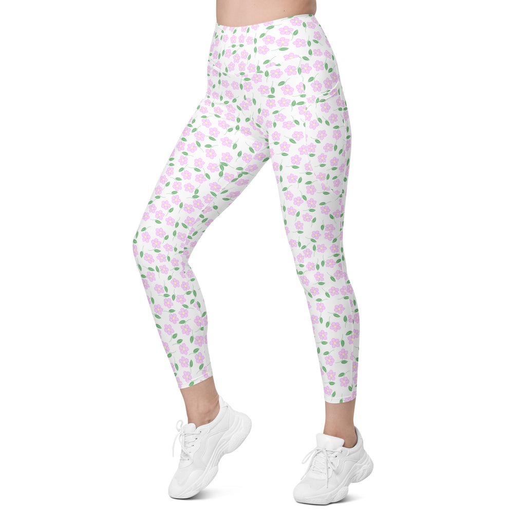 Women’s Pink Botanical Yoga Leggings With Pockets – High-Waisted, Soft Compression Active Pants