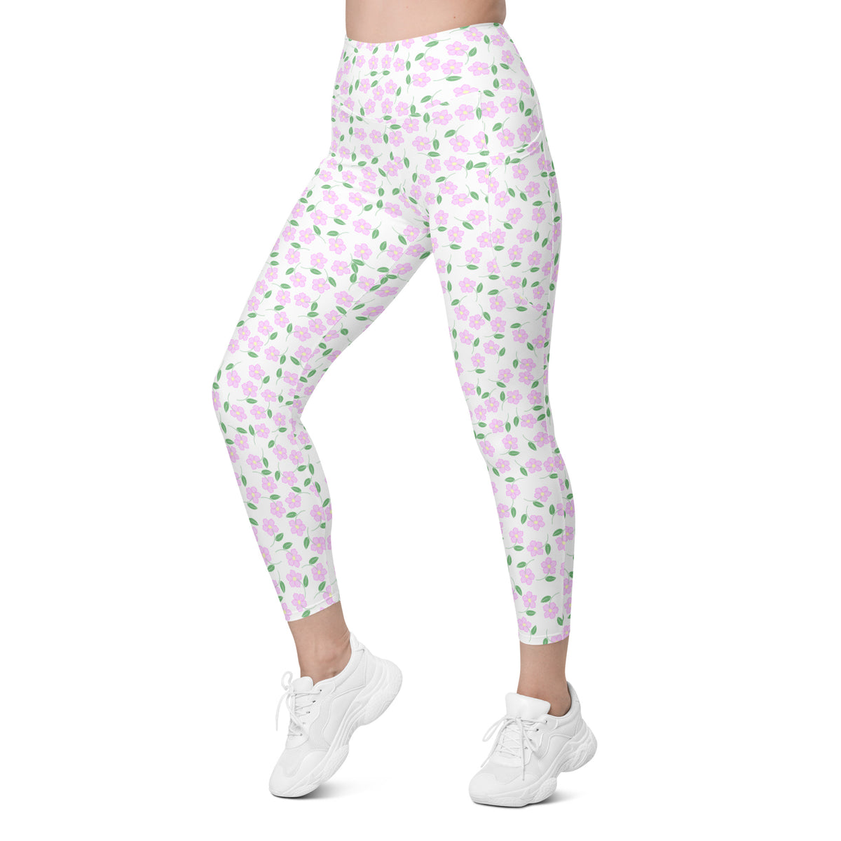 Women’s Pink Botanical Yoga Leggings With Pockets – High-Waisted, Soft Compression Active Pants