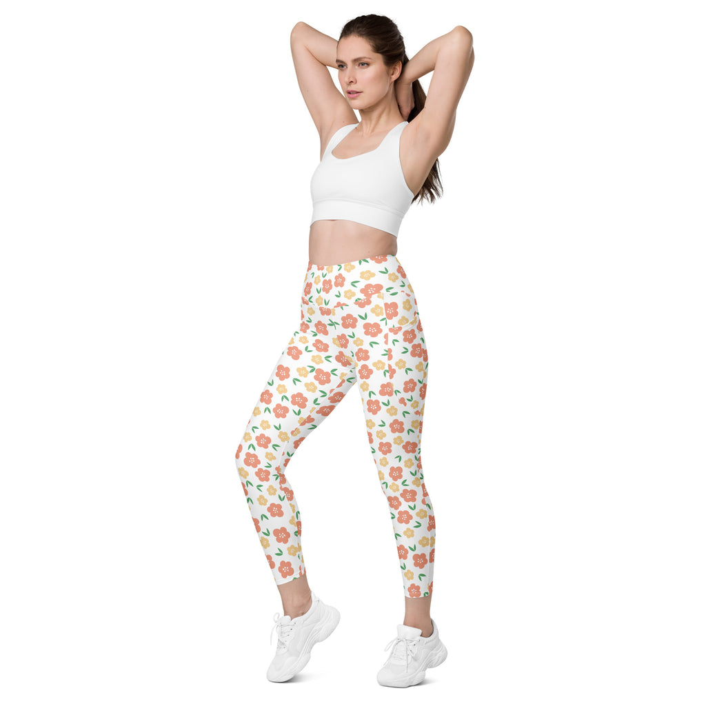 Women’s Orange Floral Yoga Leggings With Pockets – High-Waisted, Soft Compression Active Pants