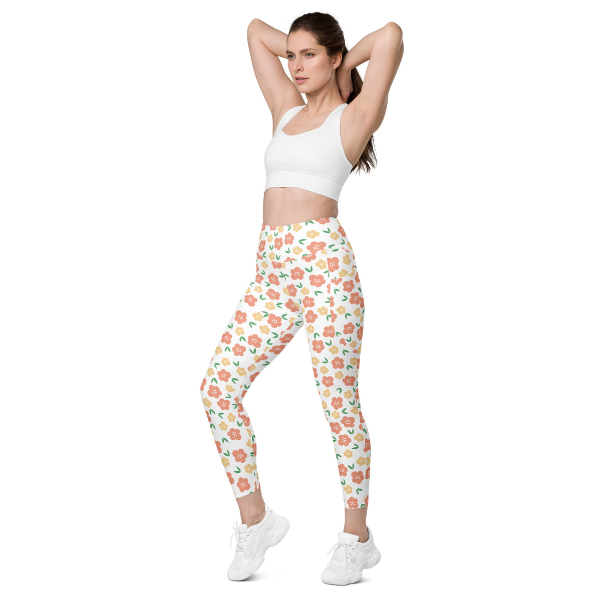 Women’s Orange Floral Yoga Leggings With Pockets – High-Waisted, Soft Compression Active Pants