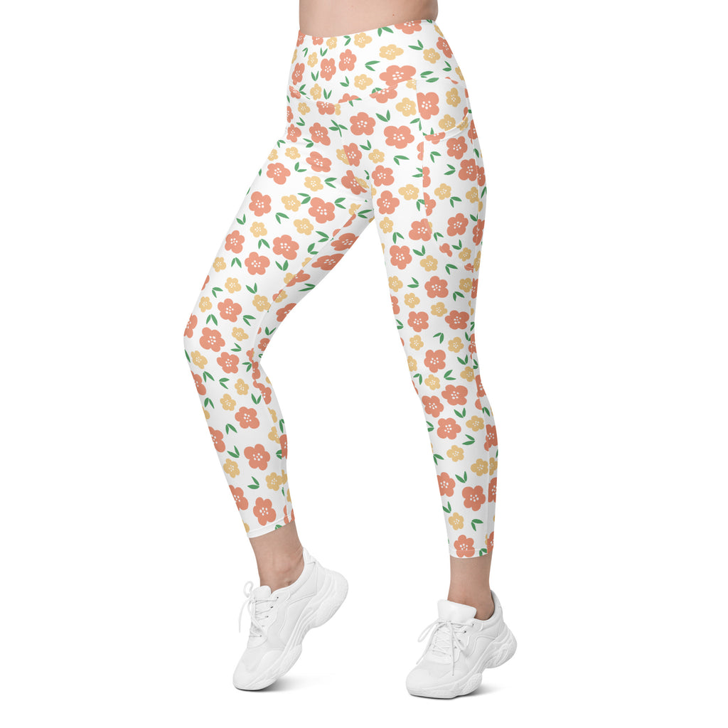 Women’s Orange Floral Yoga Leggings With Pockets – High-Waisted, Soft Compression Active Pants