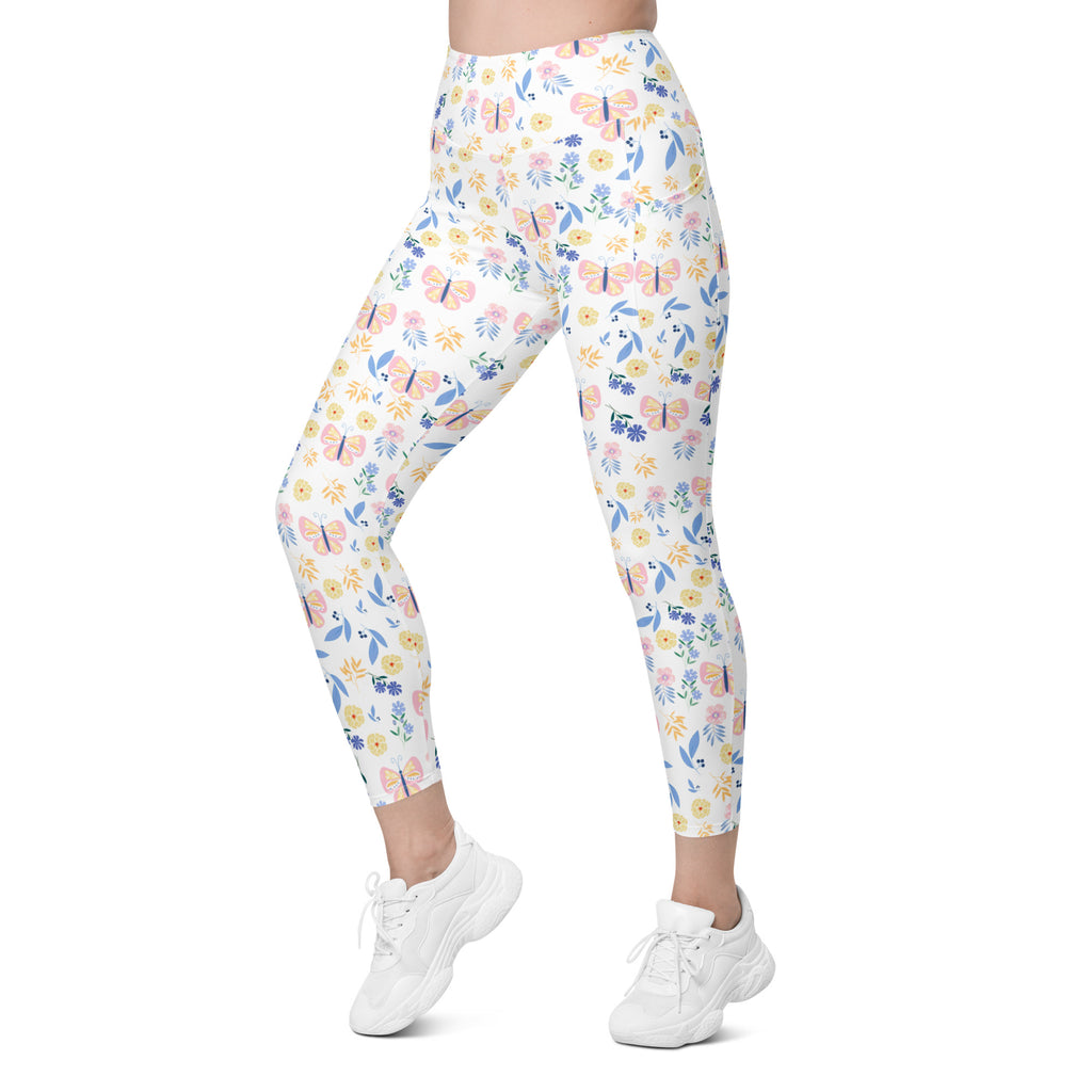 Women’s Butterfly Floral Yoga Leggings With Pockets – High-Waisted, Soft Compression Active Pants