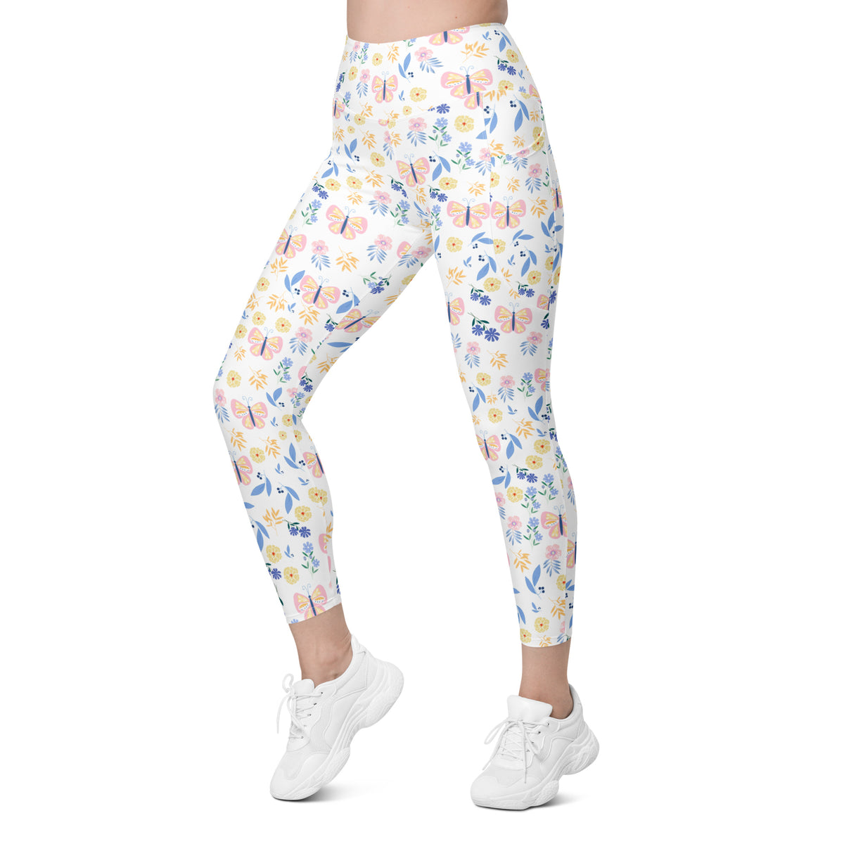 Women’s Butterfly Floral Yoga Leggings With Pockets – High-Waisted, Soft Compression Active Pants