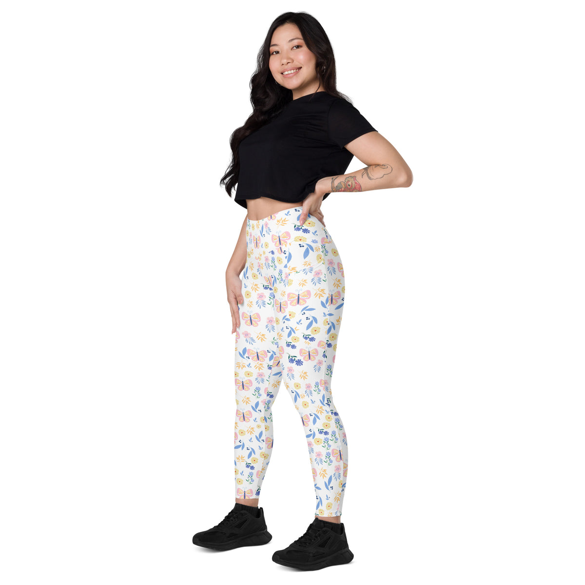 Women’s Butterfly Floral Yoga Leggings With Pockets – High-Waisted, Soft Compression Active Pants