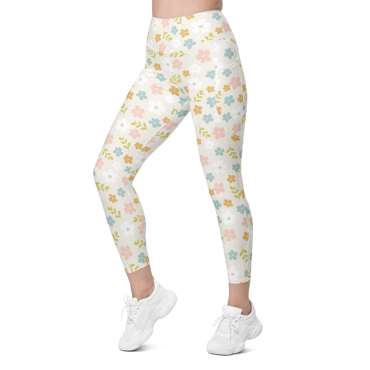 Women’s Pastel Floral Yoga Leggings With Pockets – High-Waisted, Soft Compression Active Pants