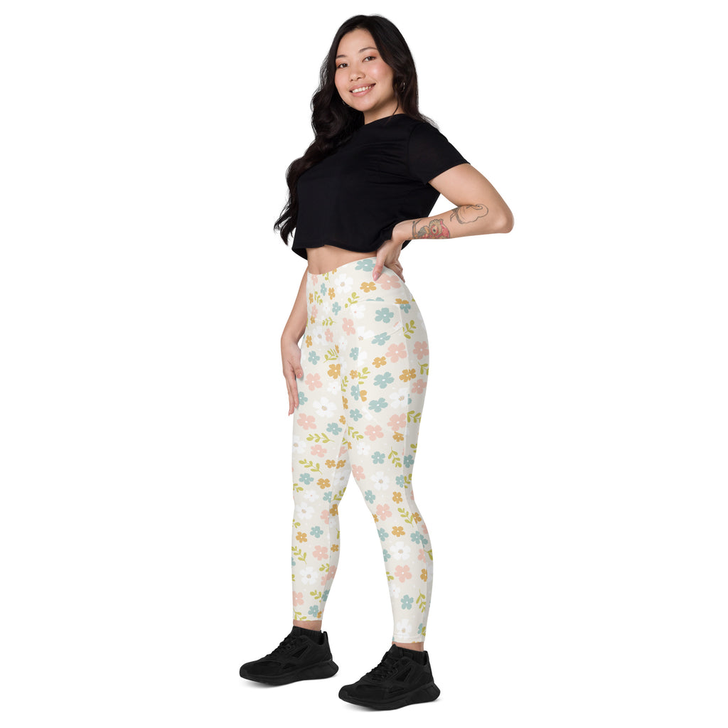 Women’s Pastel Floral Yoga Leggings With Pockets – High-Waisted, Soft Compression Active Pants