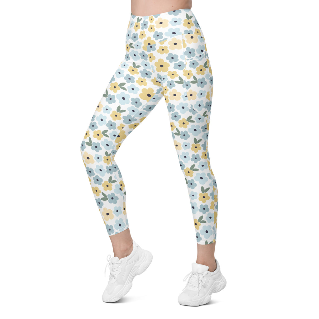 Women’s Blue & Yellow Floral Yoga Leggings With Pockets – High-Waisted, Soft Compression Active Pants