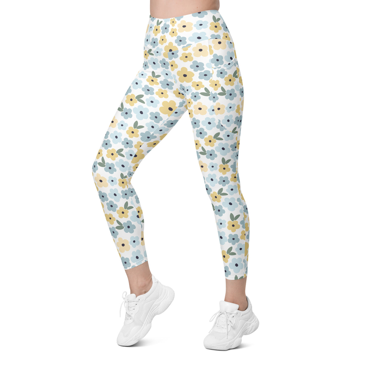 Women’s Blue & Yellow Floral Yoga Leggings With Pockets – High-Waisted, Soft Compression Active Pants