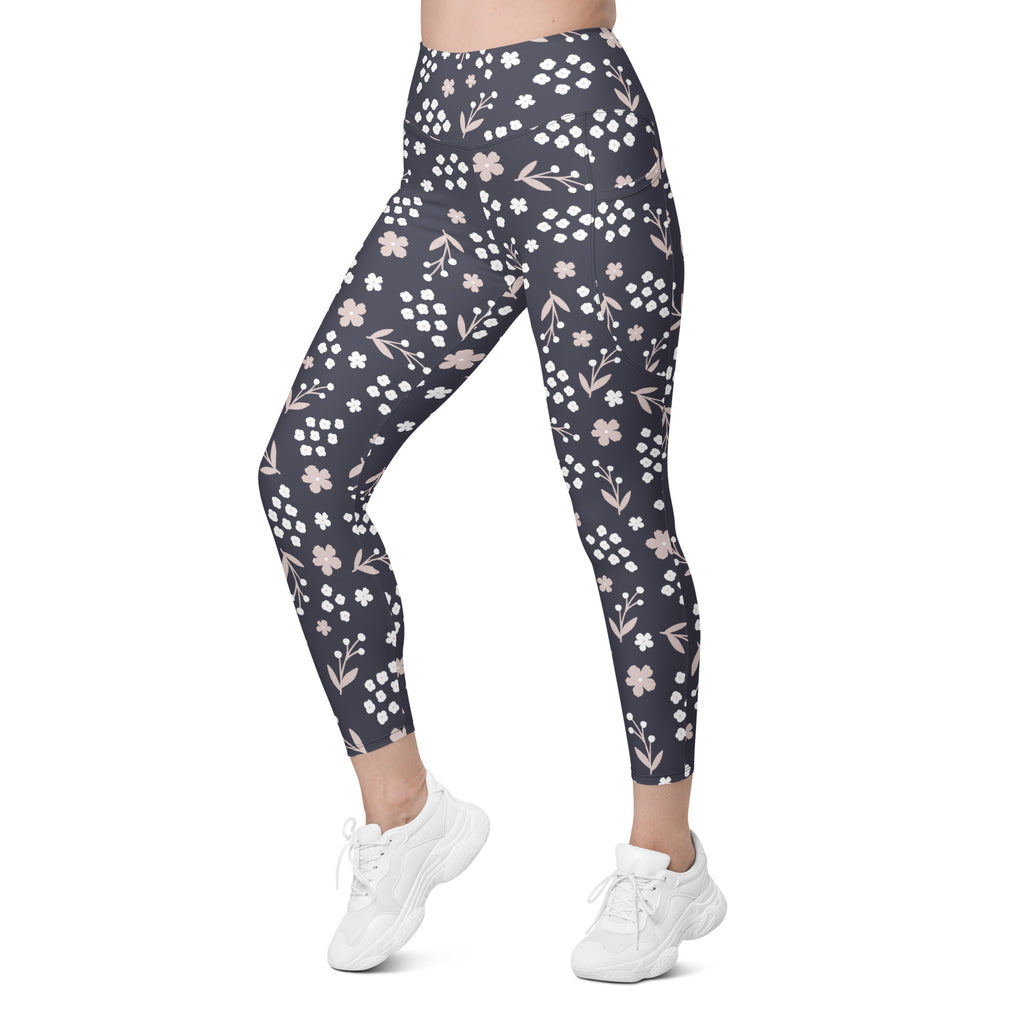 Women’s Dark Floral Yoga Leggings With Pockets – High-Waisted, Soft Compression Active Pants
