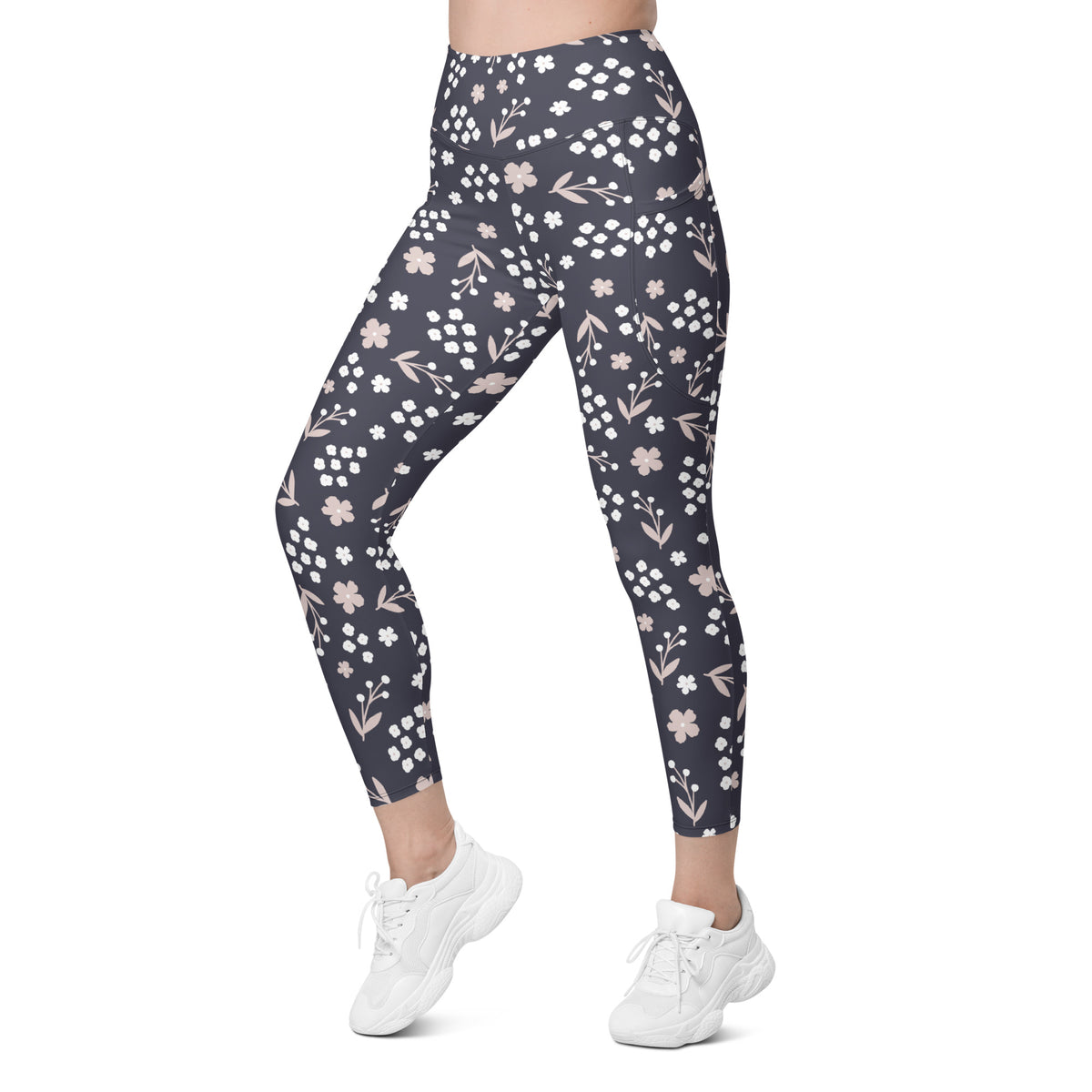 Women’s Dark Floral Yoga Leggings With Pockets – High-Waisted, Soft Compression Active Pants