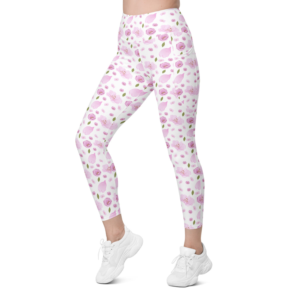Women’s Pink Watercolor Floral Yoga Leggings With Pockets – High-Waisted, Soft Compression Active Pants