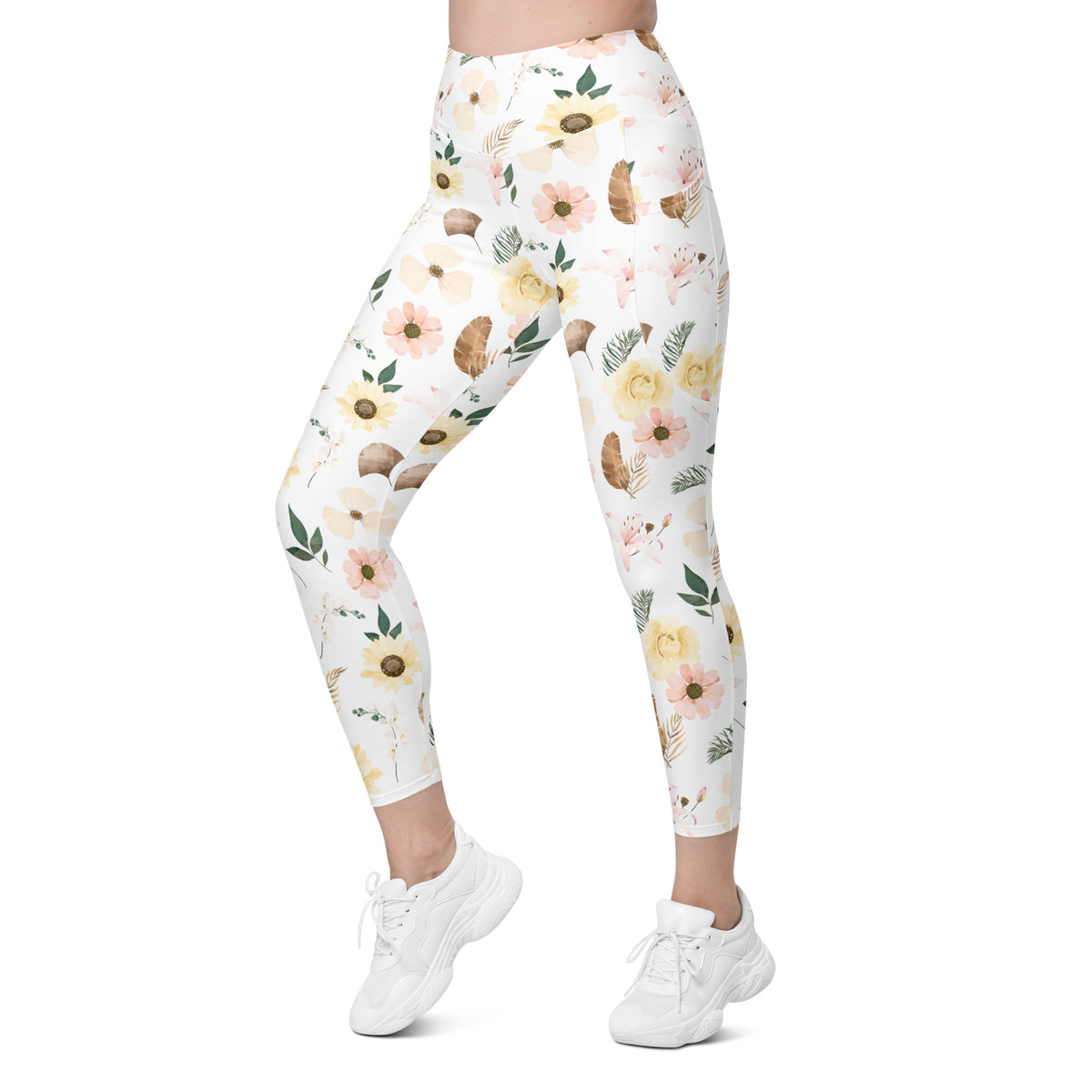 Women’s Sunflower Floral Yoga Leggings With Pockets – High-Waisted, Soft Compression Active Pants