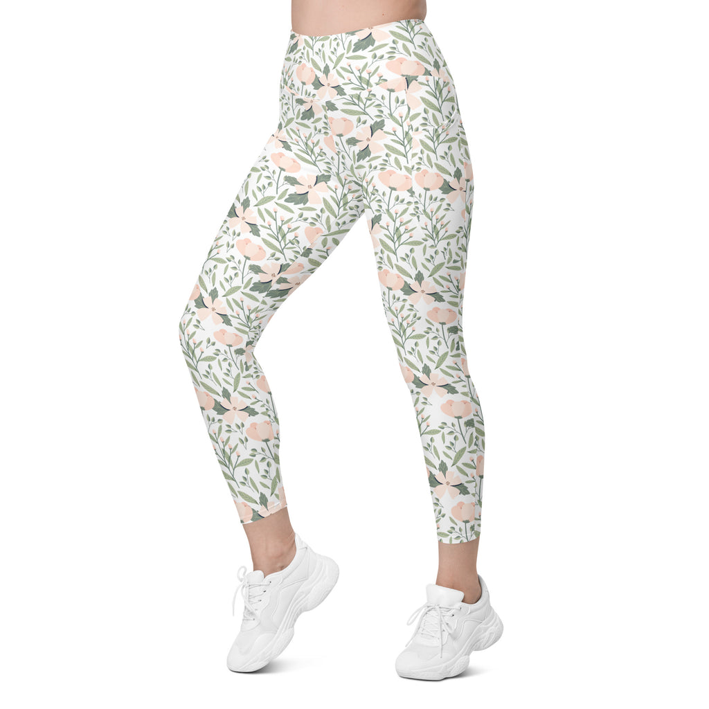 Women’s Blush Floral Yoga Leggings With Pockets – High-Waisted, Soft Compression Active Pants