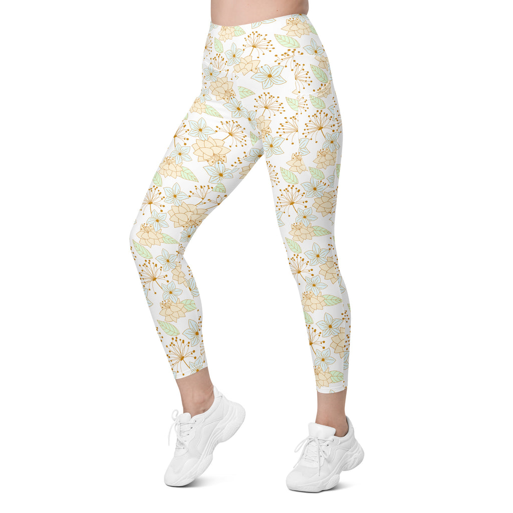 Women’s Pastel Beige Floral Yoga Leggings With Pockets – High-Waisted, Soft Compression Active Pants