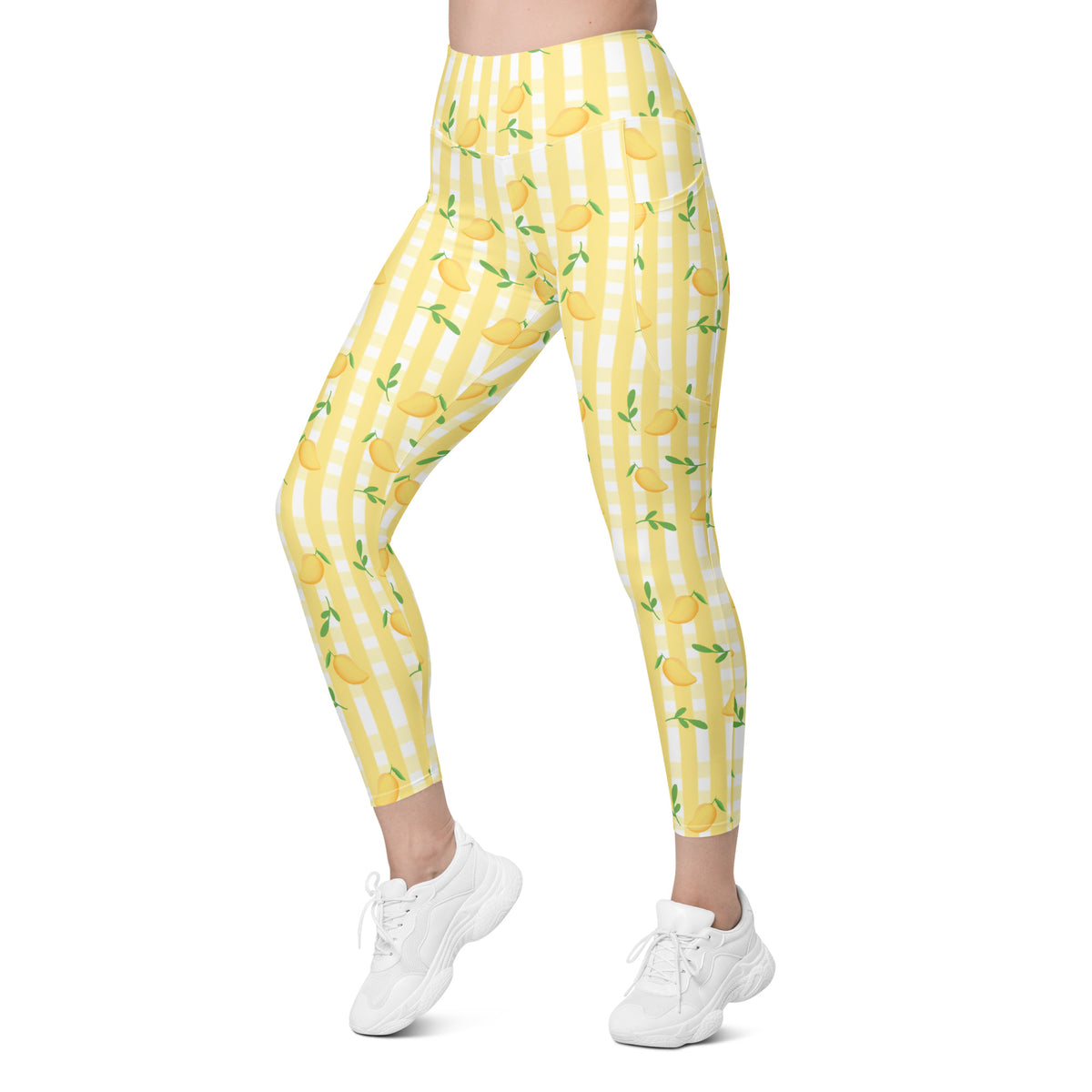 Women’s Yellow Mango Gingham Yoga Leggings With Pockets – High-Waisted, Soft Compression Active Pants