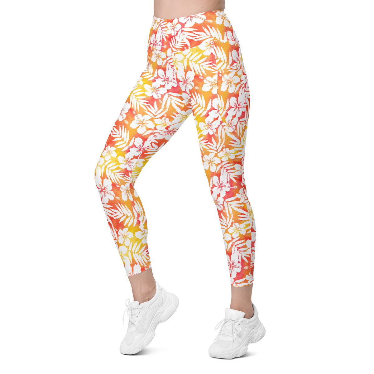 Women’s Orange Tropical Hibiscus Yoga Leggings With Pockets – High-Waisted, Soft Compression Active Pants