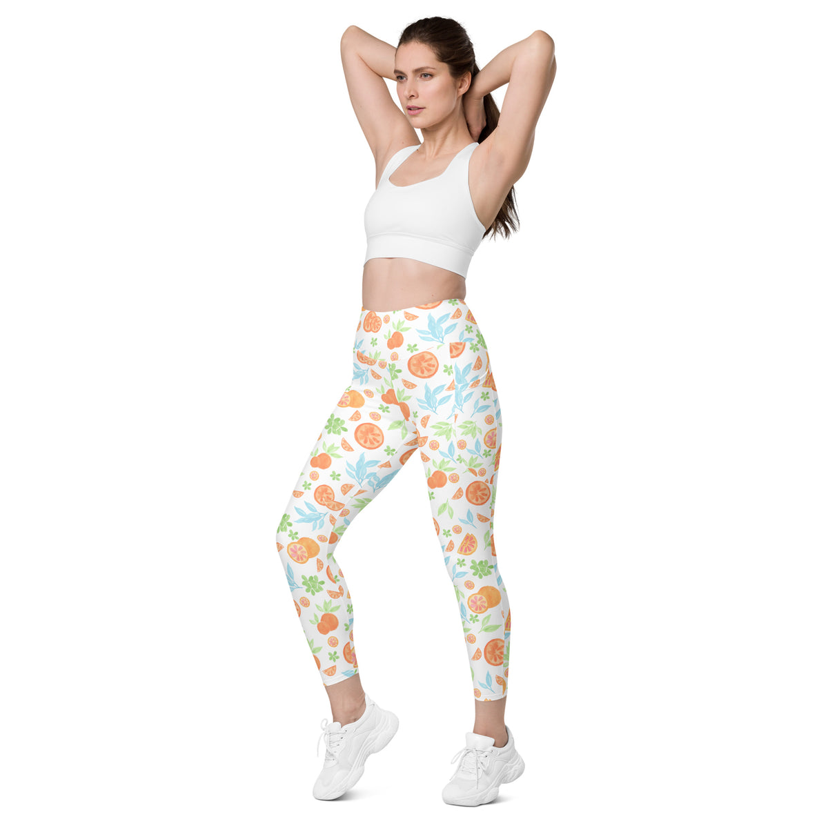 Women’s Watercolor Orange Citrus Yoga Leggings With Pockets – High-Waisted, Soft Compression Active Pants