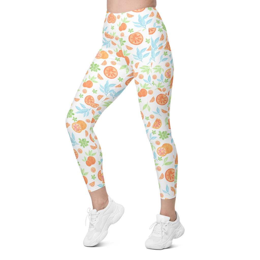 Women’s Watercolor Orange Citrus Yoga Leggings With Pockets – High-Waisted, Soft Compression Active Pants