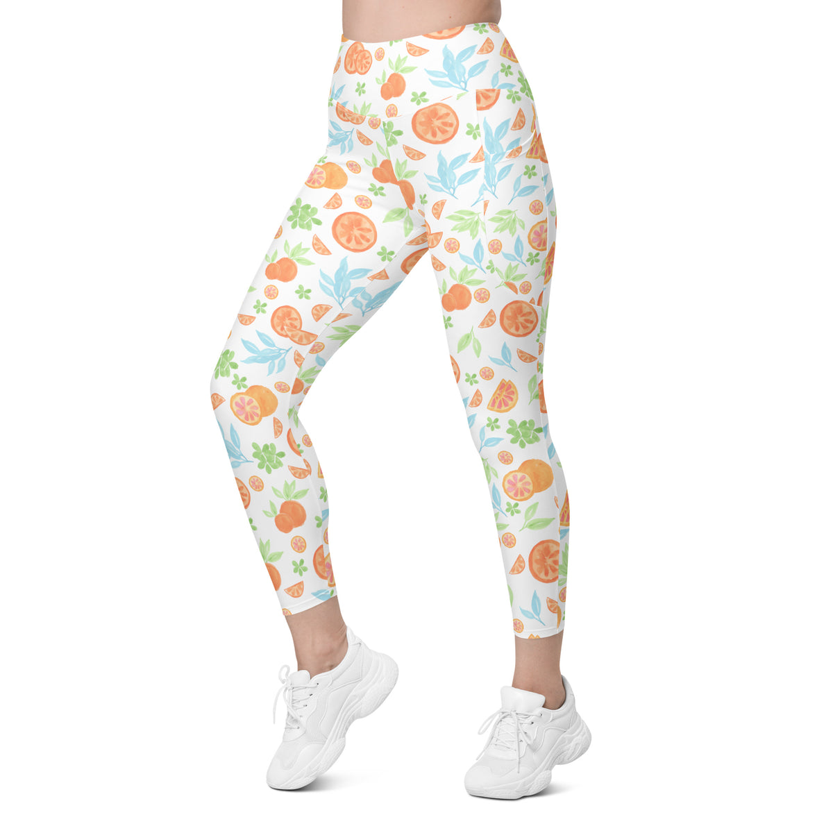 Women’s Watercolor Orange Citrus Yoga Leggings With Pockets – High-Waisted, Soft Compression Active Pants