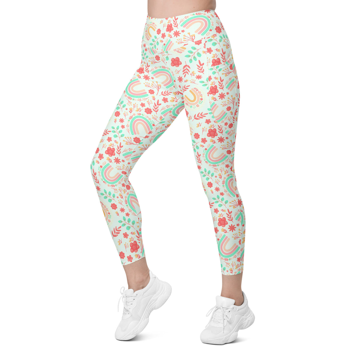 Women’s Boho Rainbow Floral Yoga Leggings With Pockets – High-Waisted, Soft Compression Active Pants
