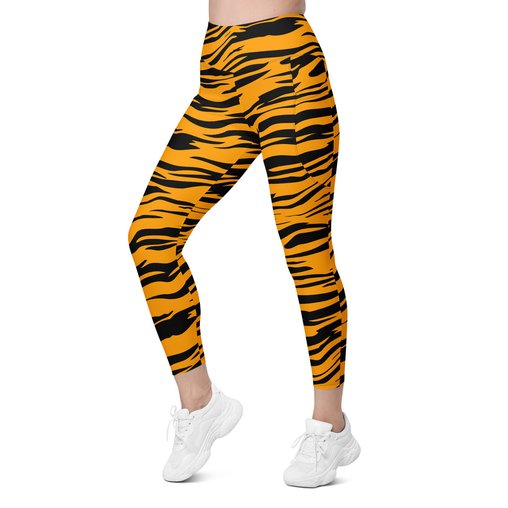 Women’s Orange Tiger Stripe Yoga Leggings With Pockets – High-Waisted, Soft Compression Active Pants