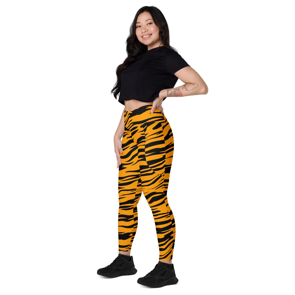 Women’s Orange Tiger Stripe Yoga Leggings With Pockets – High-Waisted, Soft Compression Active Pants