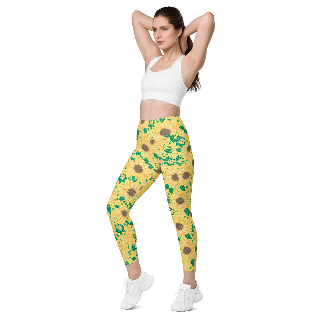 Women’s Watercolor Sunflower Yoga Leggings With Pockets – High-Waisted, Soft Compression Active Pants