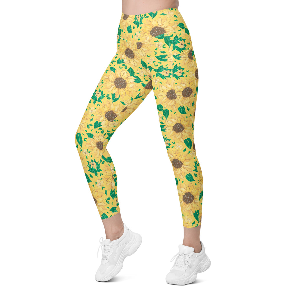 Women’s Watercolor Sunflower Yoga Leggings With Pockets – High-Waisted, Soft Compression Active Pants