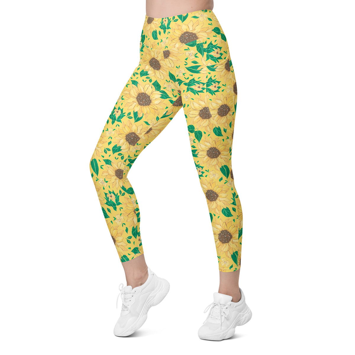 Women’s Watercolor Sunflower Yoga Leggings With Pockets – High-Waisted, Soft Compression Active Pants