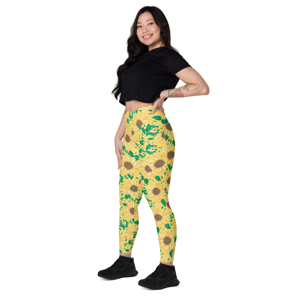 Women’s Watercolor Sunflower Yoga Leggings With Pockets – High-Waisted, Soft Compression Active Pants