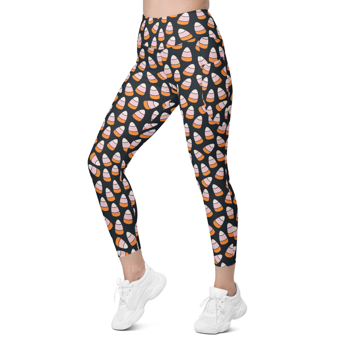 Women’s Pink & Orange Candy Corn Halloween Yoga Leggings With Pockets – High-Waisted, Soft Compression Active Pants