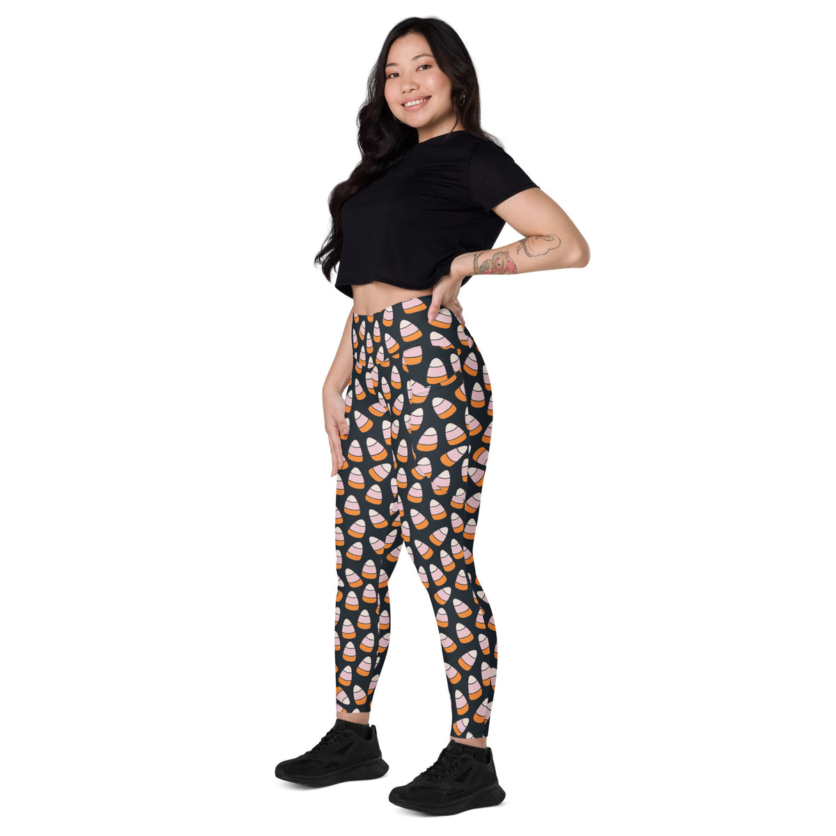 Women’s Pink & Orange Candy Corn Halloween Yoga Leggings With Pockets – High-Waisted, Soft Compression Active Pants
