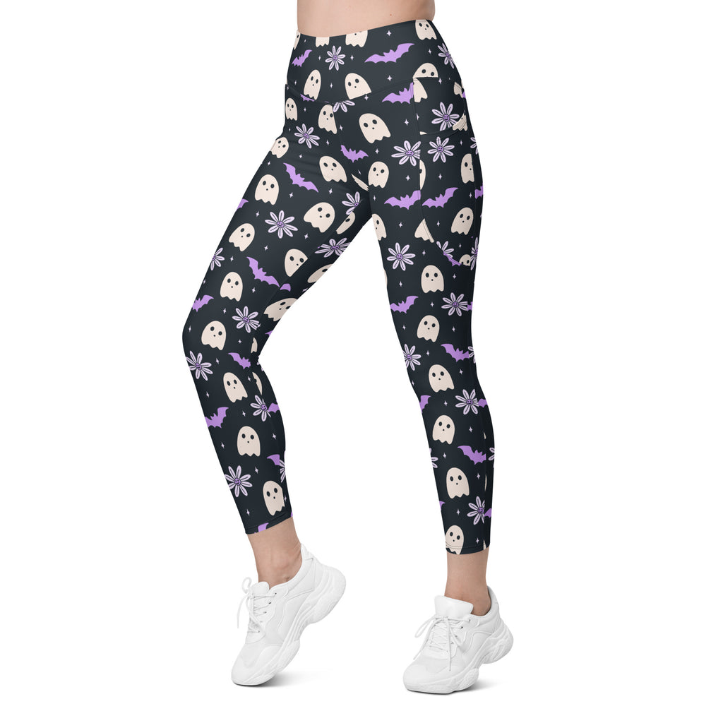 Women’s Purple Floral Ghost Halloween Yoga Leggings With Pockets – High-Waisted, Soft Compression Active Pants