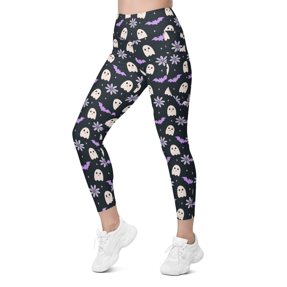 Women’s Purple Floral Ghost Halloween Yoga Leggings With Pockets – High-Waisted, Soft Compression Active Pants