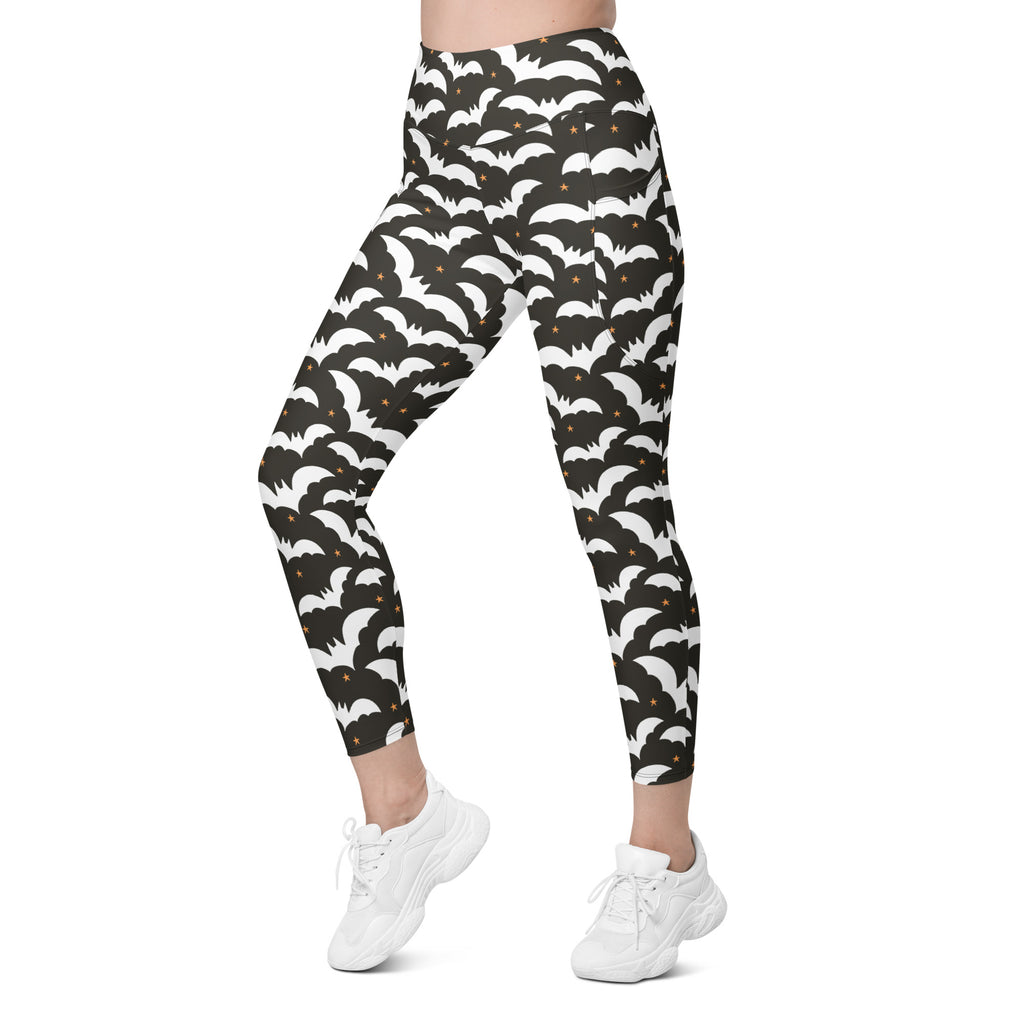 Women’s Dark Brown Halloween Bat Yoga Leggings With Pockets – High-Waisted, Soft Compression Active Pants