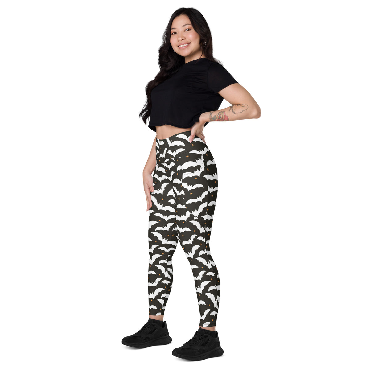 Women’s Dark Brown Halloween Bat Yoga Leggings With Pockets – High-Waisted, Soft Compression Active Pants